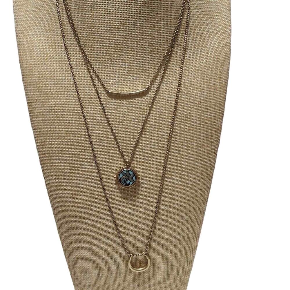 Lucky Brand Gold Tone Triple Layer Necklace Blue Floral Crescent Moon Boho Charm